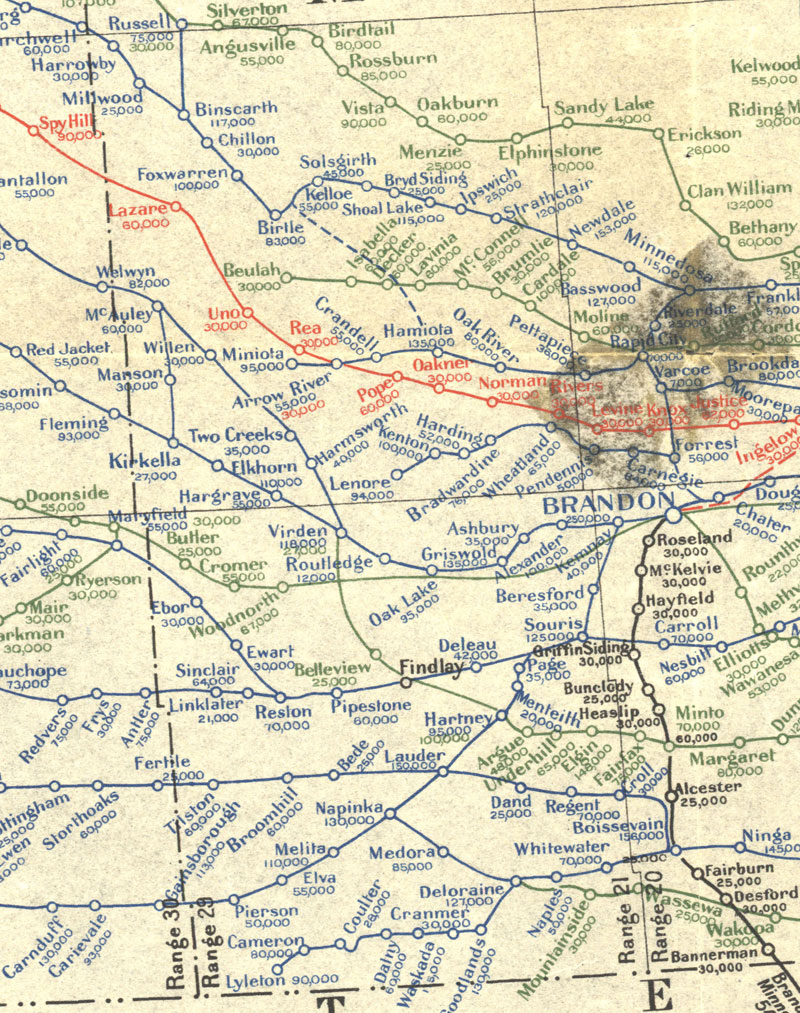 SW Manitoba Section of Map Showing Elevators in Manitoba, Saskatchewan and Alberta