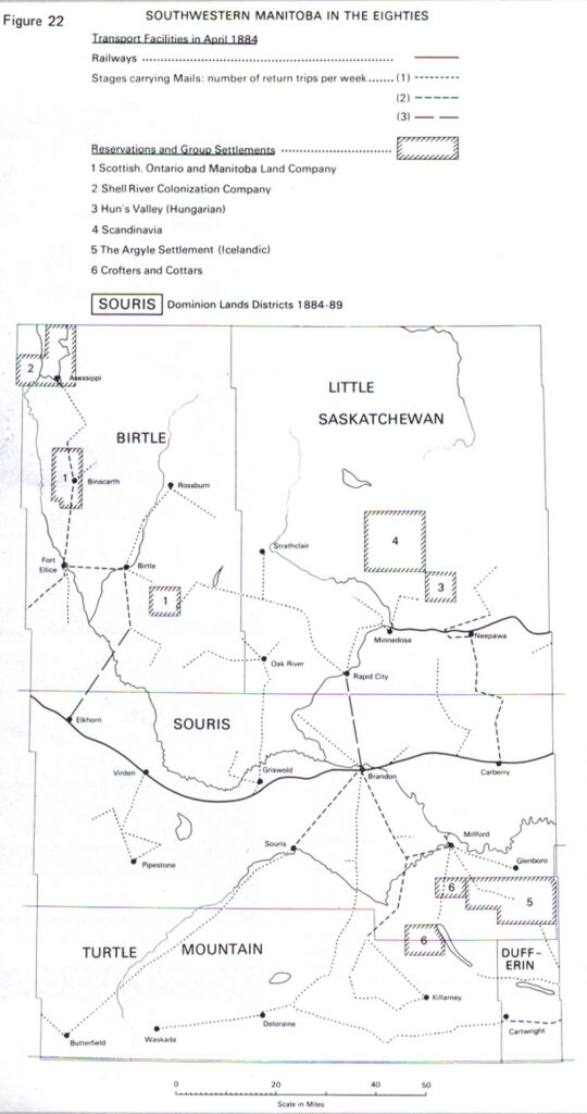 Map of Transport Facilities, Mail Stages, and Group Settlements, SW Manitoba, 1880s